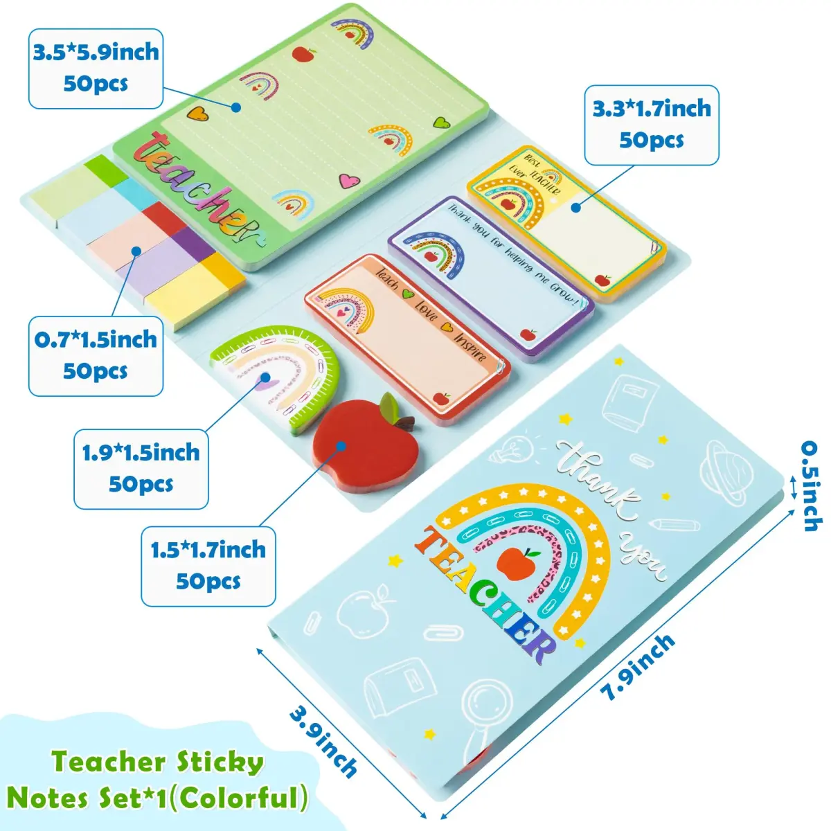 Xqumoi Boho Rainbow Teacher Sticky Notes Set, 550 Sheets | Cute Design for Appreciation Gifts - view 2