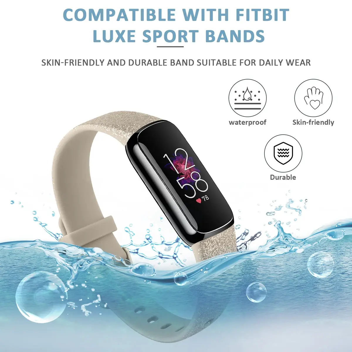 AK Sport Band Compatible with Fitbit Luxe, Large Glistening Champagne Gold | Silicone Replacement Strap - view 5