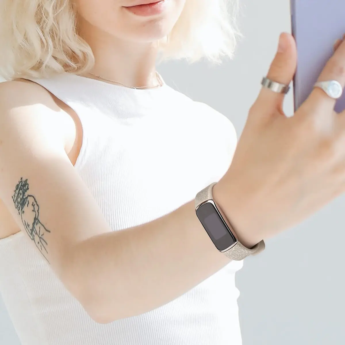 AK Sport Band Compatible with Fitbit Luxe, Large Glistening Champagne Gold | Silicone Replacement Strap - view 6