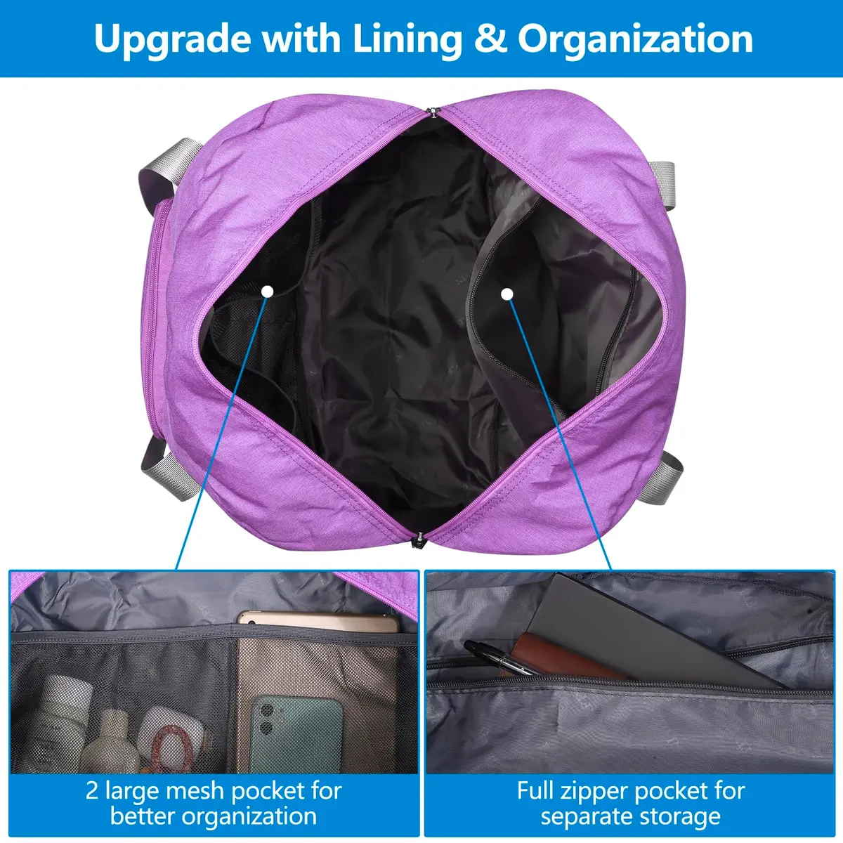 F.FETIVIN Personal Item Bag 25L | Foldable Travel Duffel for Women & Men in Purple - view 3