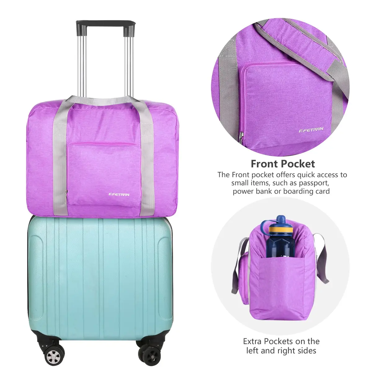F.FETIVIN Personal Item Bag 25L | Foldable Travel Duffel for Women & Men in Purple - view 4