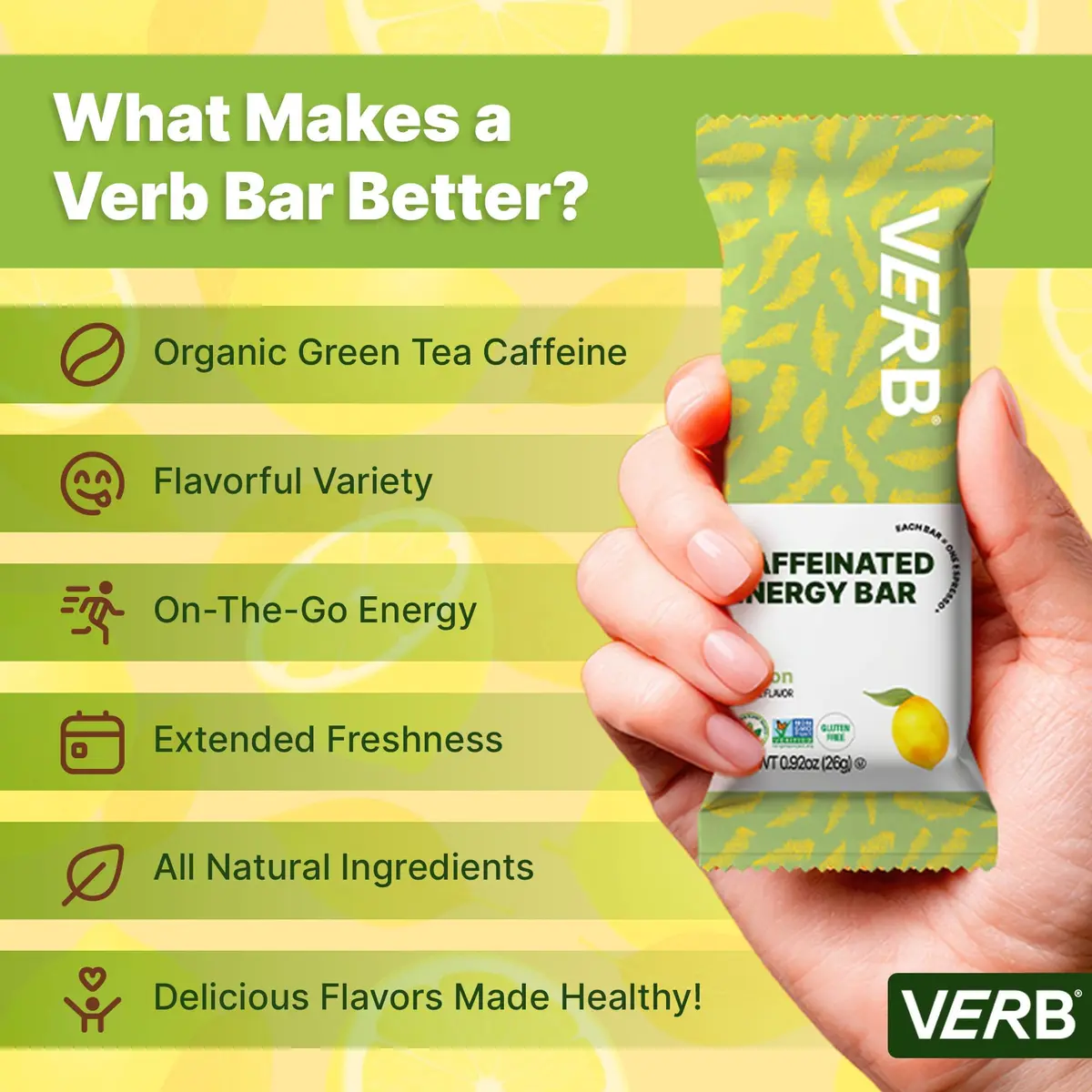 Verb Caffeinated Energy Bars Lemon 26g | Long-Lasting Focus & Refreshing Flavor - view 6