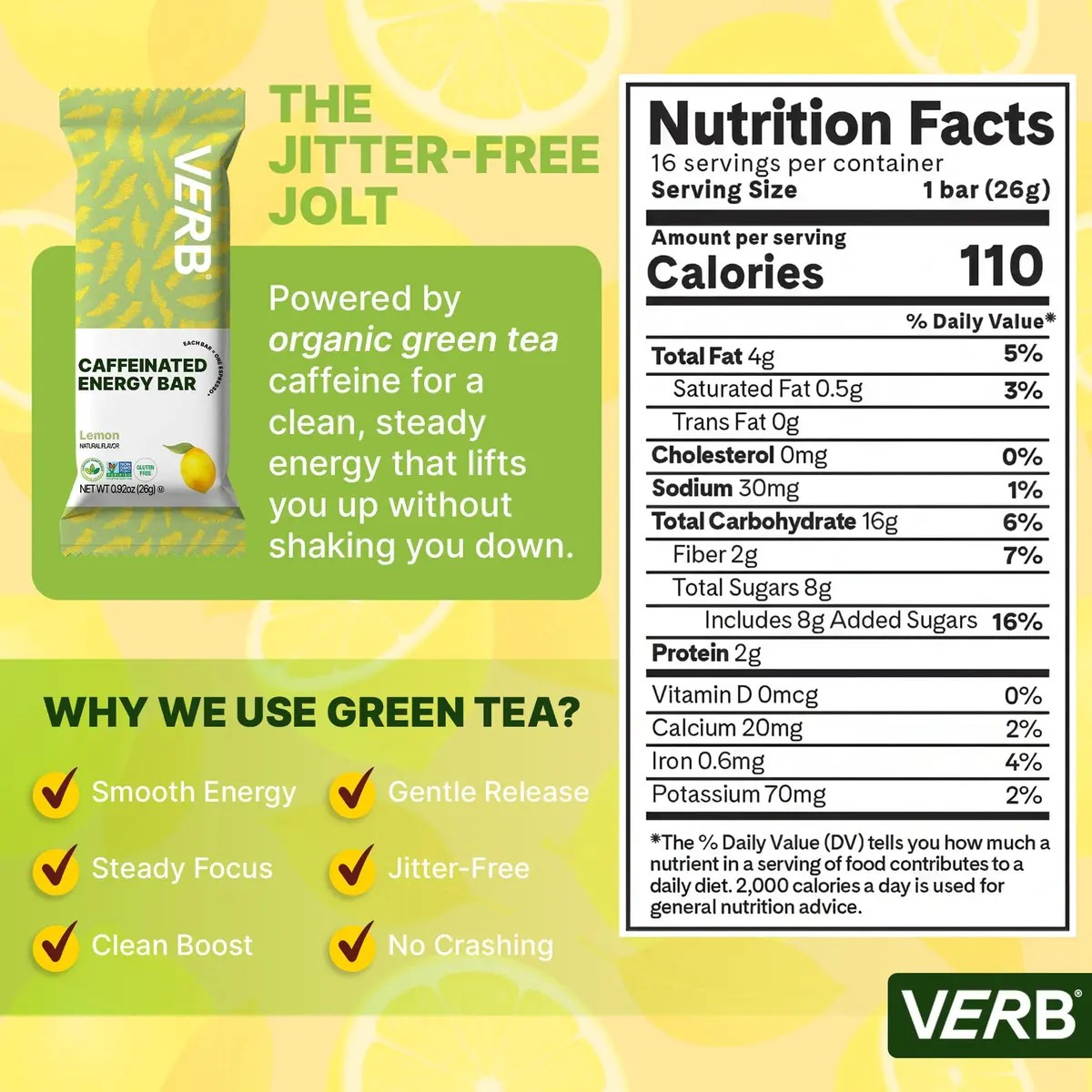 Verb Caffeinated Energy Bars Lemon 26g | Long-Lasting Focus & Refreshing Flavor - view 3