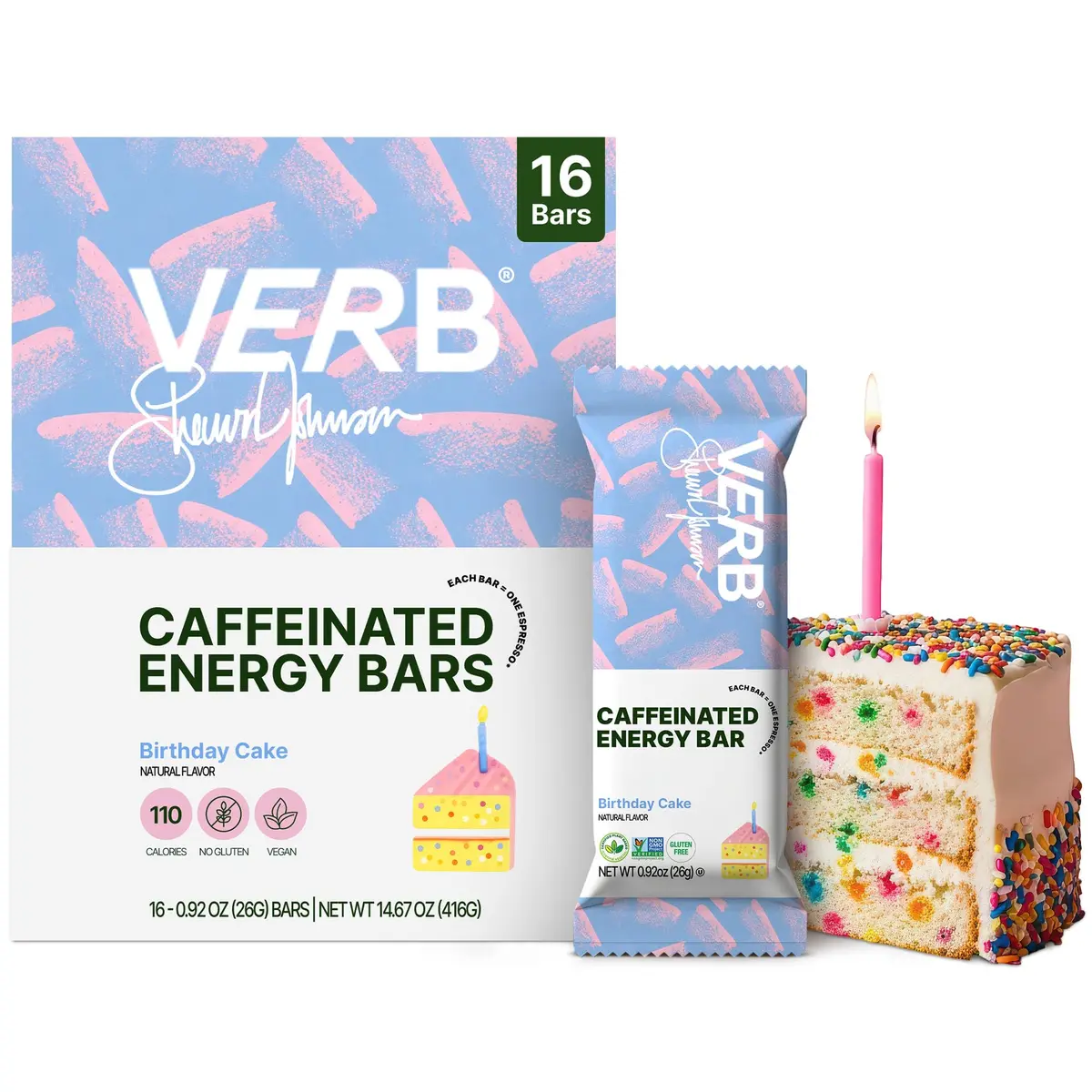 Verb Caffeinated Energy Bars Birthday Cake 26g | Vegan, Gluten-Free, Low Sugar, 16 Pack - main product image