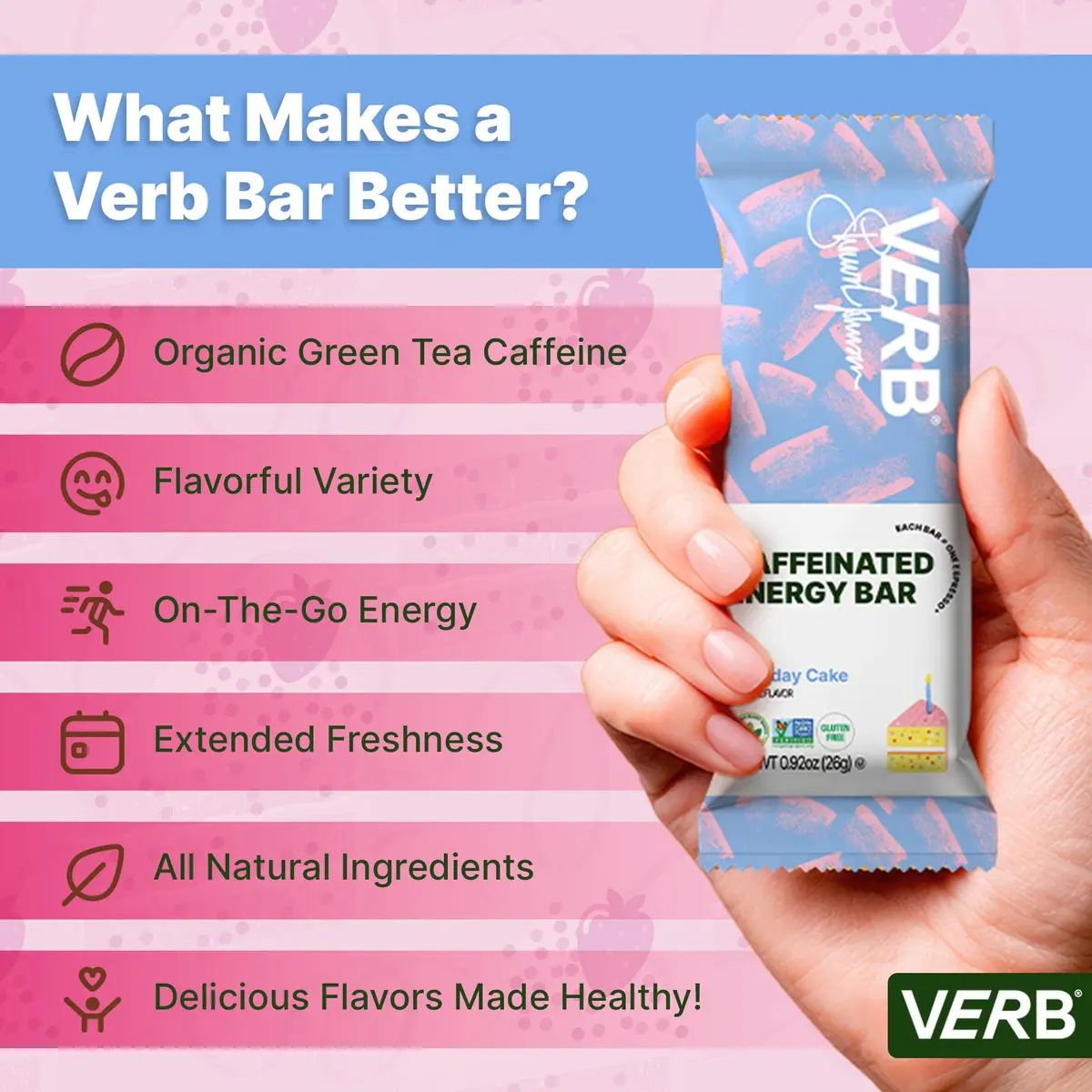 Verb Caffeinated Energy Bars Birthday Cake 26g | Vegan, Gluten-Free, Low Sugar, 16 Pack - view 6