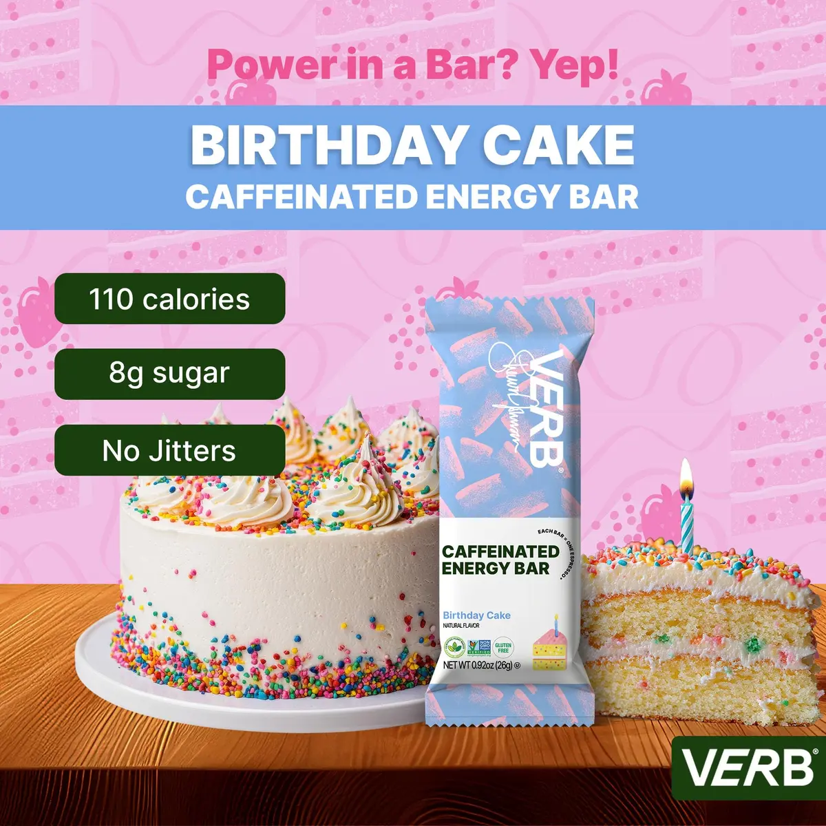 Verb Caffeinated Energy Bars Birthday Cake 26g | Vegan, Gluten-Free, Low Sugar, 16 Pack - view 2