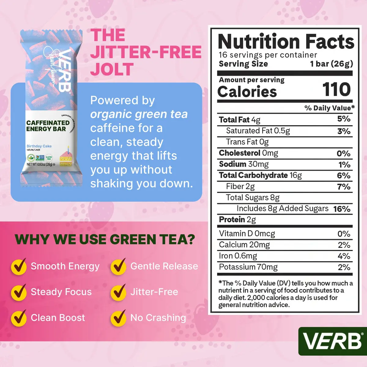 Verb Caffeinated Energy Bars Birthday Cake 26g | Vegan, Gluten-Free, Low Sugar, 16 Pack - view 3