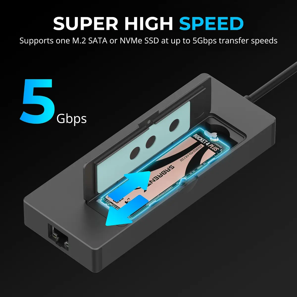 Sabrent USB-C 6-Port Hub & M.2 SSD Dock 136g (4.8oz) | 4K@60Hz HDMI, 90W PD, 10Gbps USB-C, 5Gbps USB-A, Gigabit Ethernet, M.2 NVMe/SATA SSD Slot - view 6