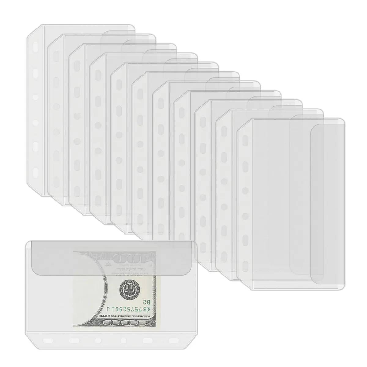 Antner A7 Binder Pockets Zipless Cash Envelopes 12-Pack | 6-Hole Punched Clear PVC Organizer - main product image