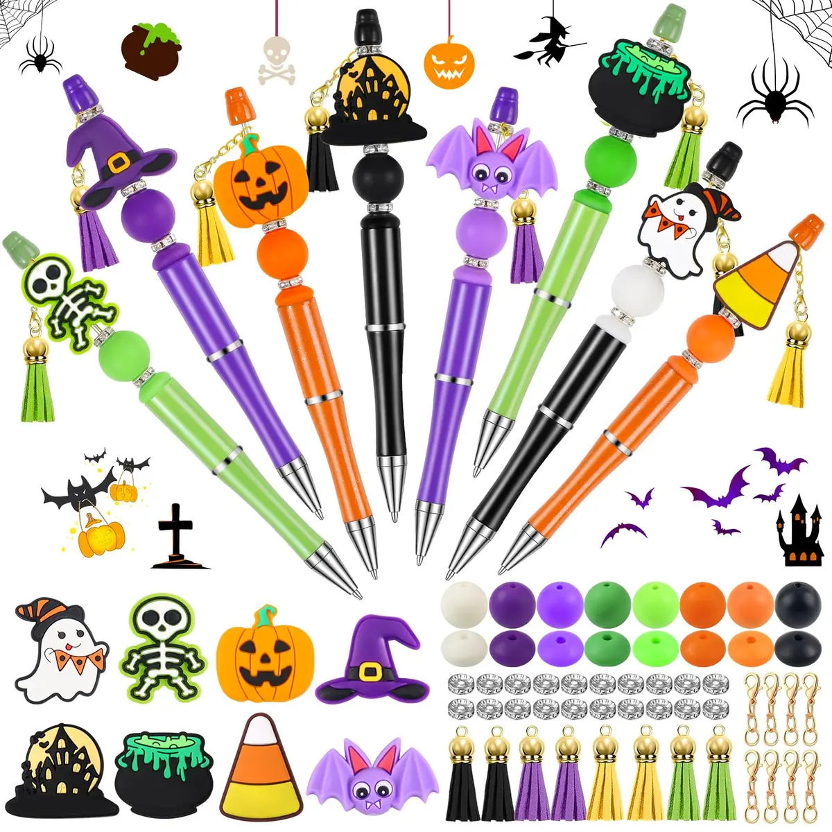 CZWZ Halloween Beadable Pens Set with Silicone Beads & Tassels, 8 Count, Black/Green/Purple/Orange - main product image