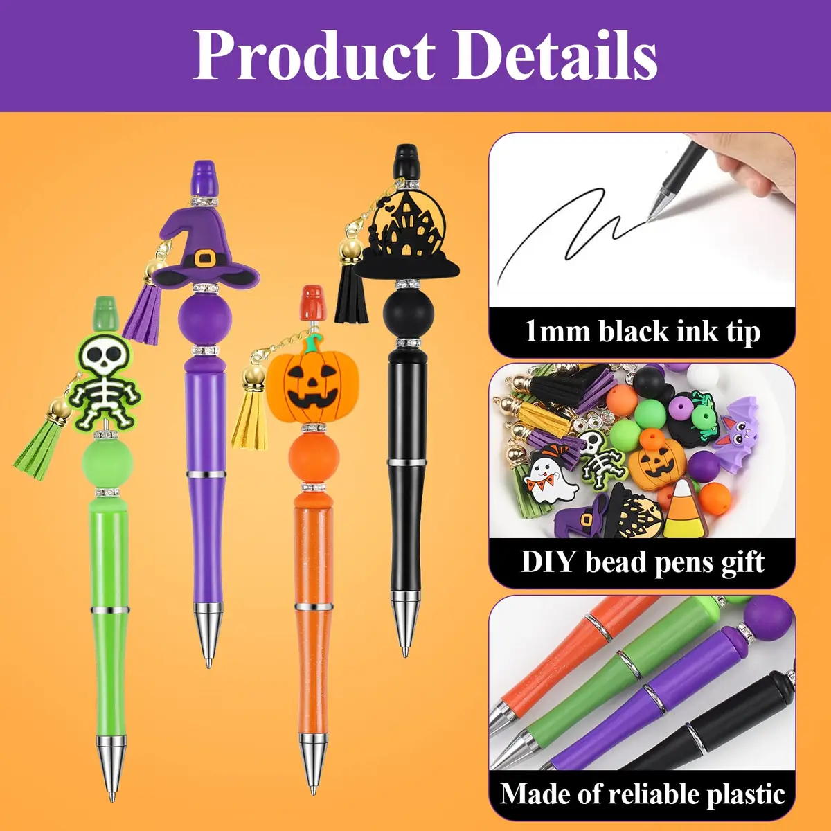 CZWZ Halloween Beadable Pens Set with Silicone Beads & Tassels, 8 Count, Black/Green/Purple/Orange - view 5