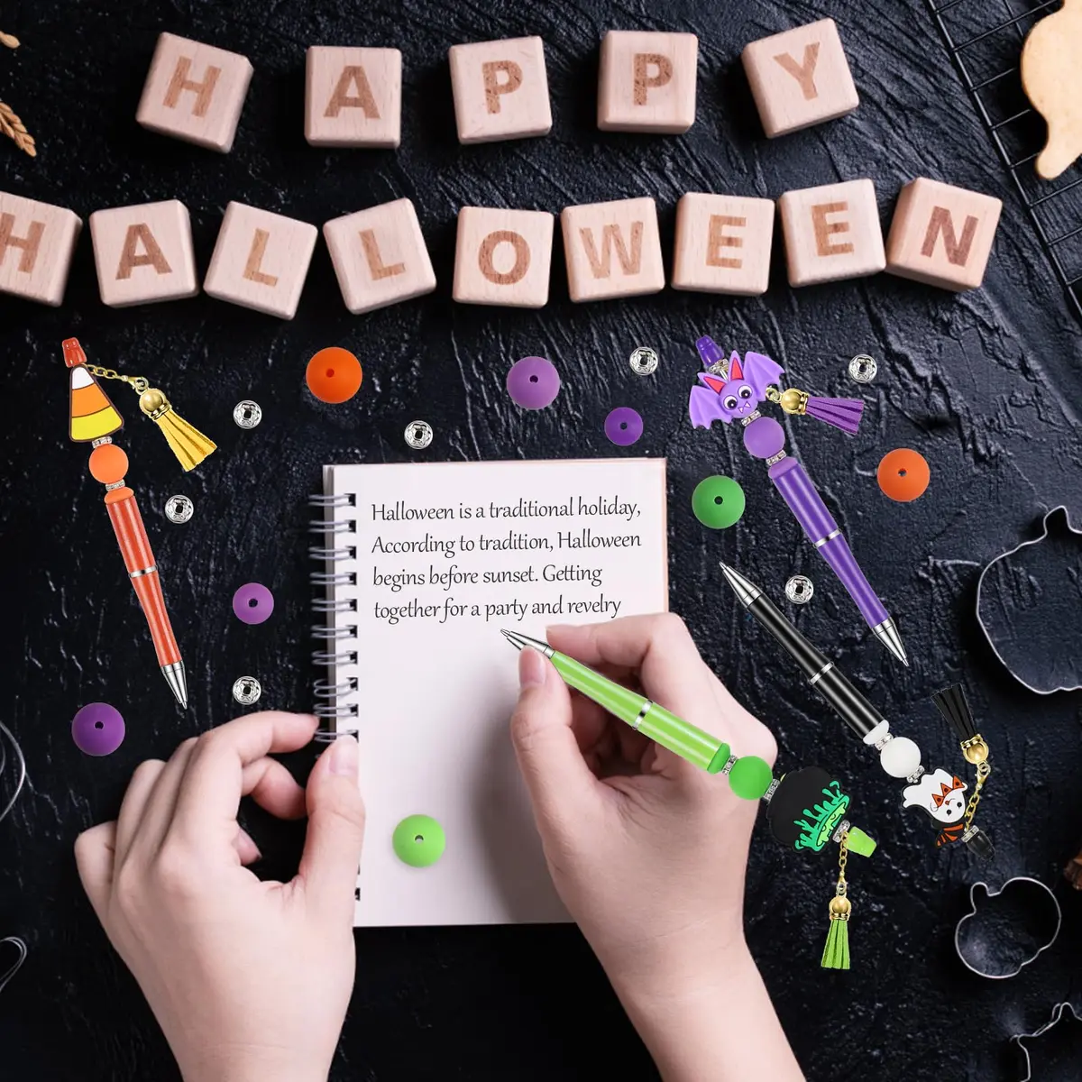 CZWZ Halloween Beadable Pens Set with Silicone Beads & Tassels, 8 Count, Black/Green/Purple/Orange - view 6