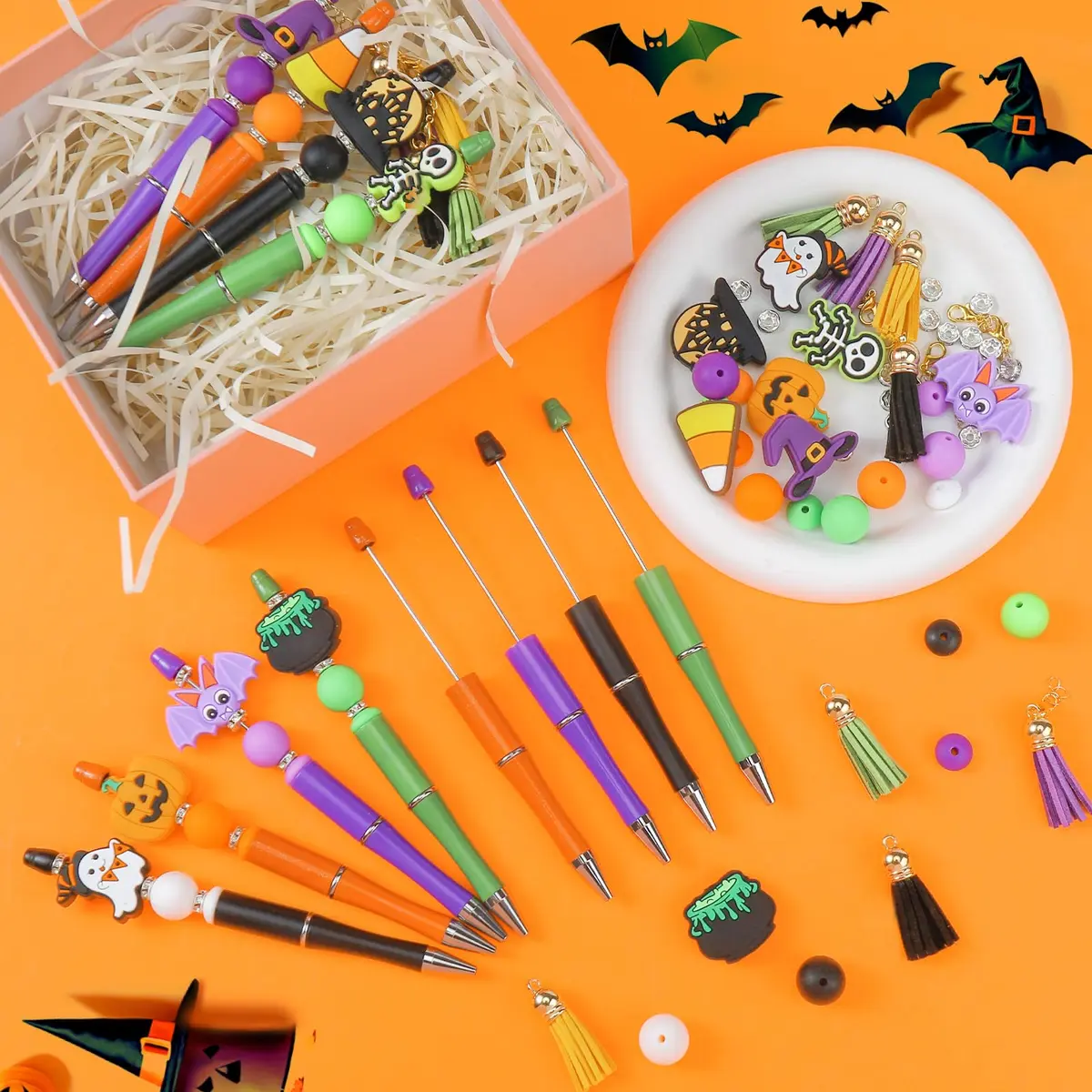 CZWZ Halloween Beadable Pens Set with Silicone Beads & Tassels, 8 Count, Black/Green/Purple/Orange - view 2