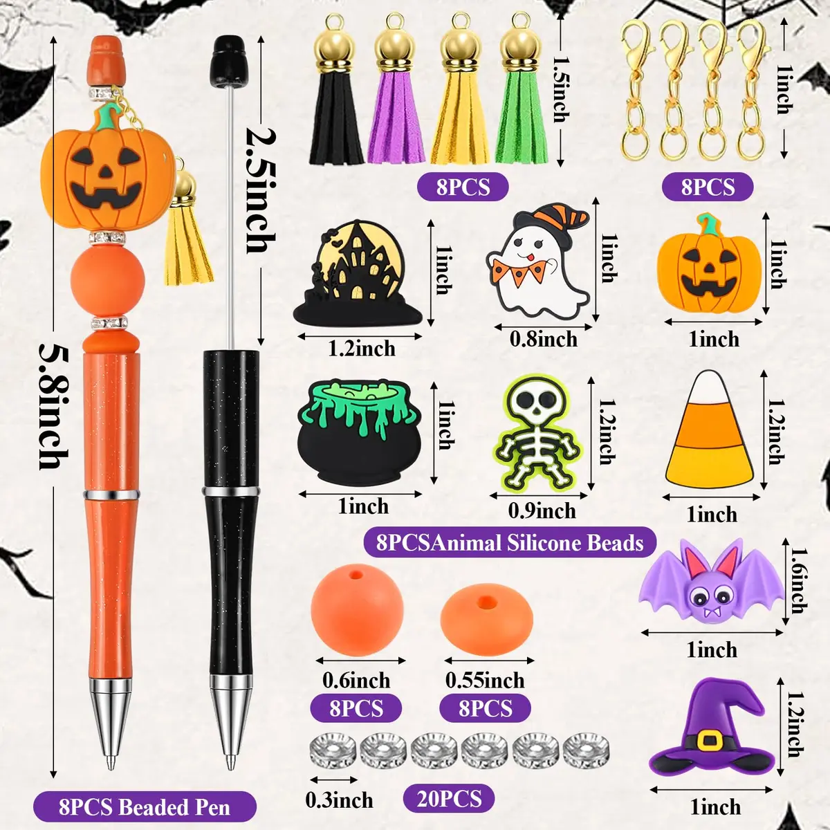 CZWZ Halloween Beadable Pens Set with Silicone Beads & Tassels, 8 Count, Black/Green/Purple/Orange - view 3