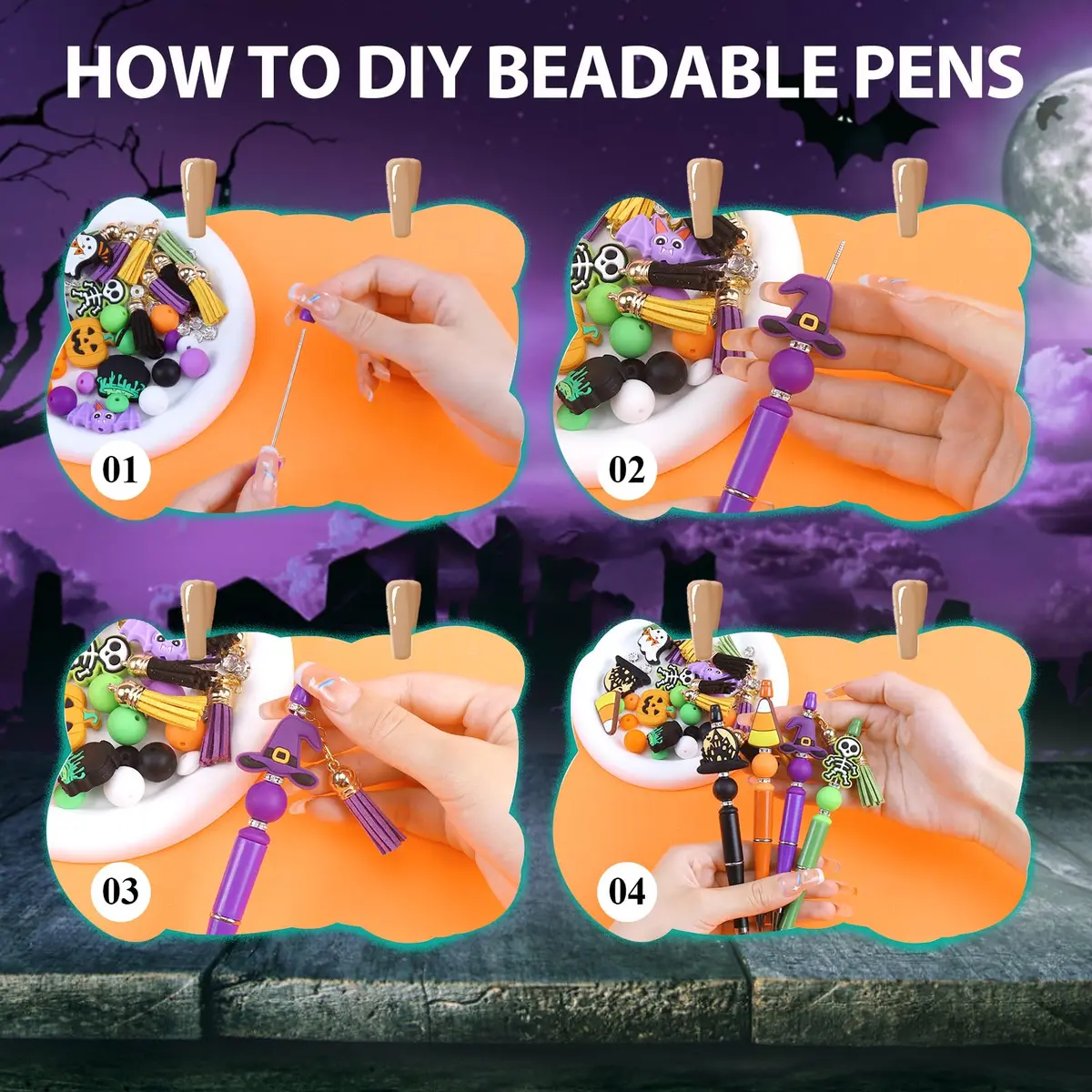 CZWZ Halloween Beadable Pens Set with Silicone Beads & Tassels, 8 Count, Black/Green/Purple/Orange - view 4