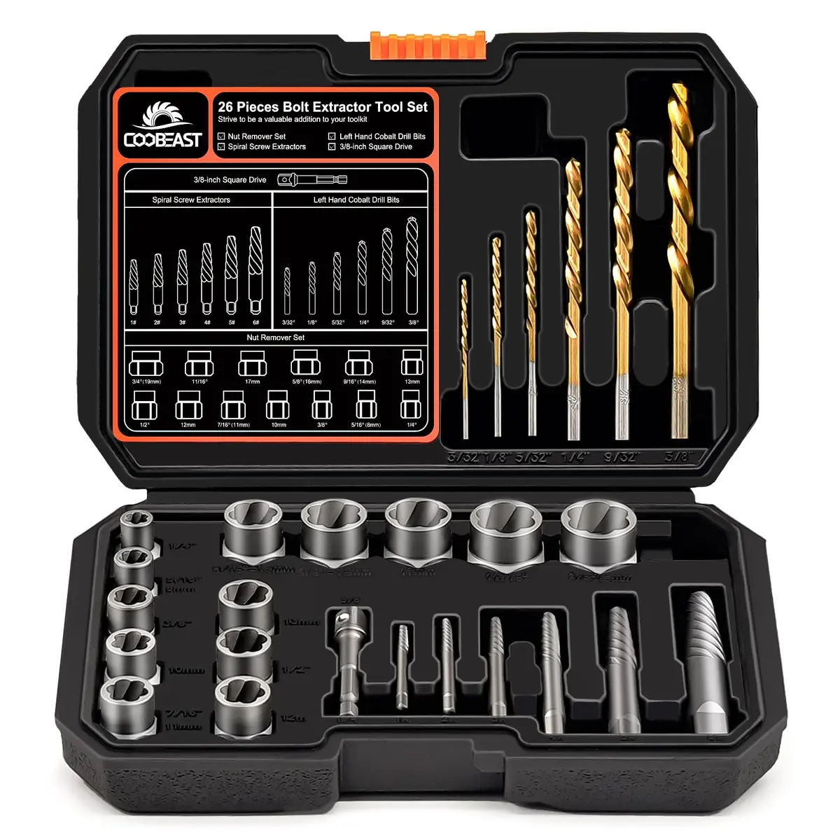 coobeast 26Pcs Bolt Extractor Kit,Left Hand Drill Bit,Easy Out Screw Bolt Extractor | Heavy Duty, Durable & Versatile - main product image