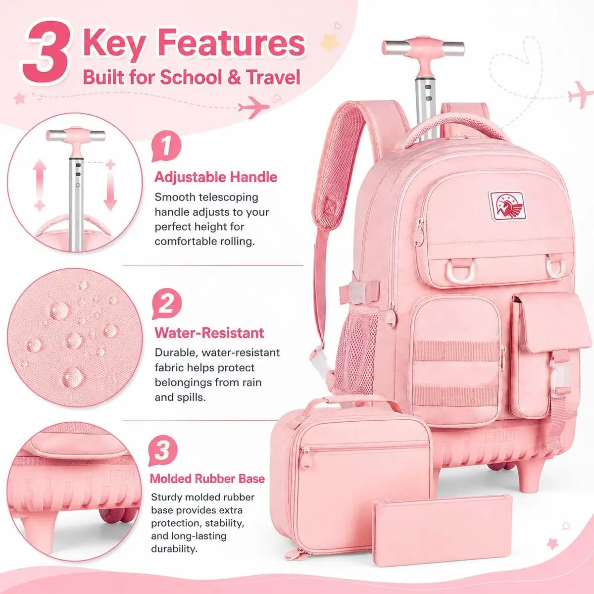 WZLVO Water Resistant Rolling Backpack for Girls & Women, 21 inch Pink | Durable & Spacious - view 5