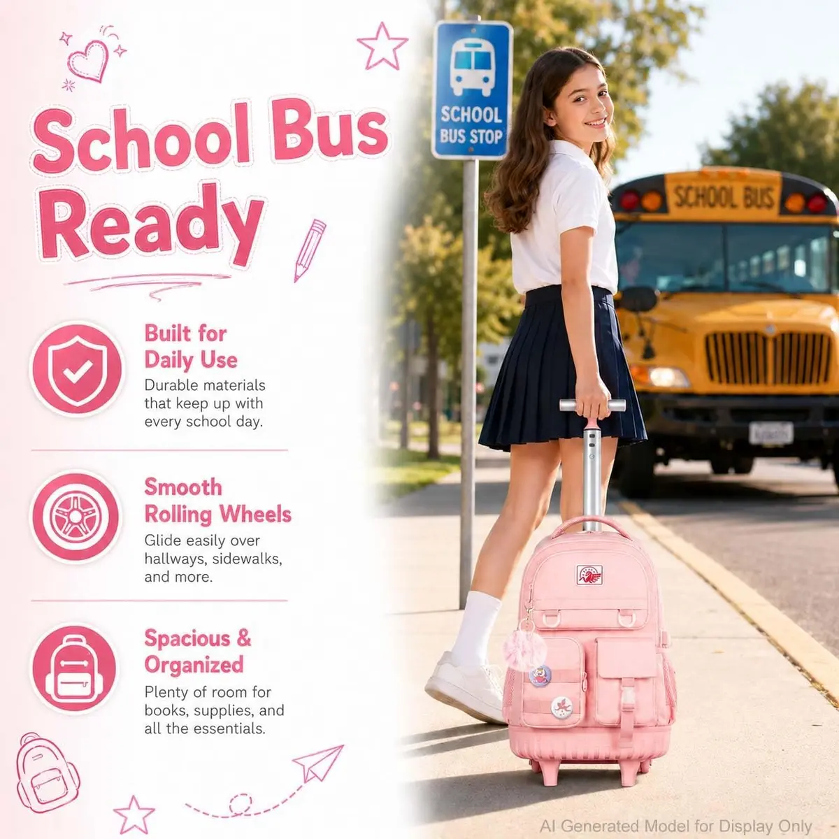 WZLVO Water Resistant Rolling Backpack for Girls & Women, 21 inch Pink | Durable & Spacious - view 6