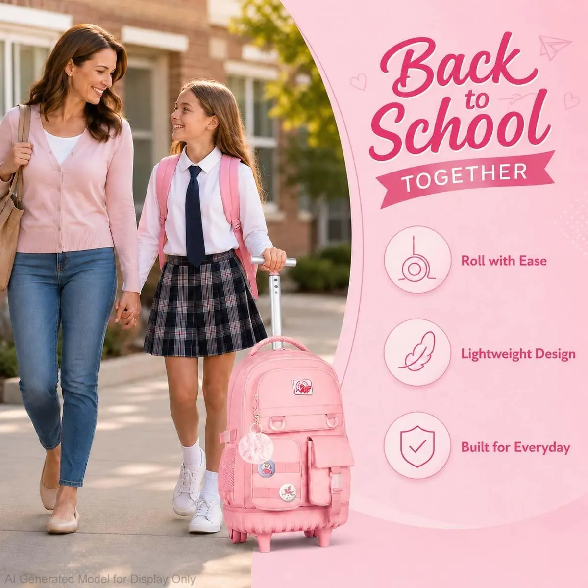 WZLVO Water Resistant Rolling Backpack for Girls & Women, 21 inch Pink | Durable & Spacious - view 7