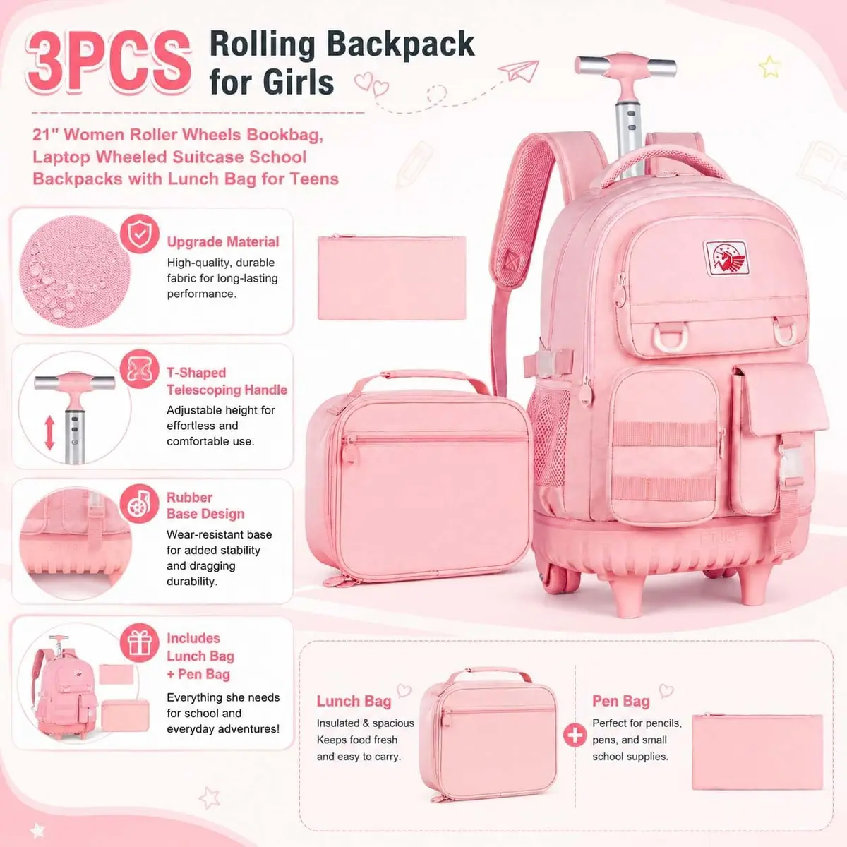 WZLVO Water Resistant Rolling Backpack for Girls & Women, 21 inch Pink | Durable & Spacious - view 8