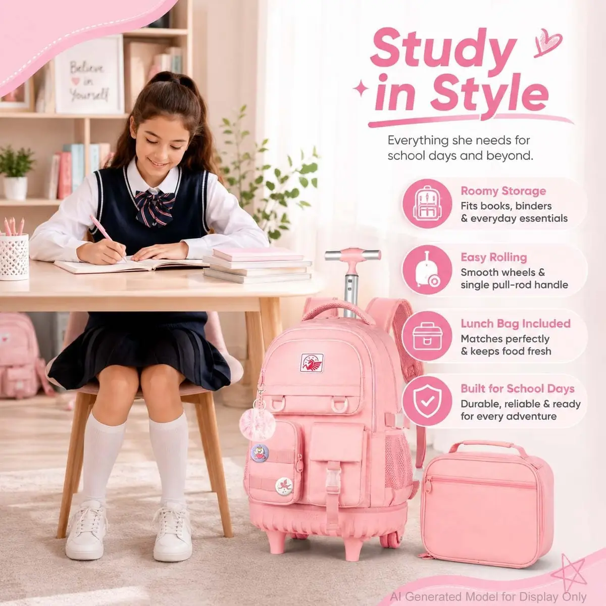 WZLVO Water Resistant Rolling Backpack for Girls & Women, 21 inch Pink | Durable & Spacious - view 9