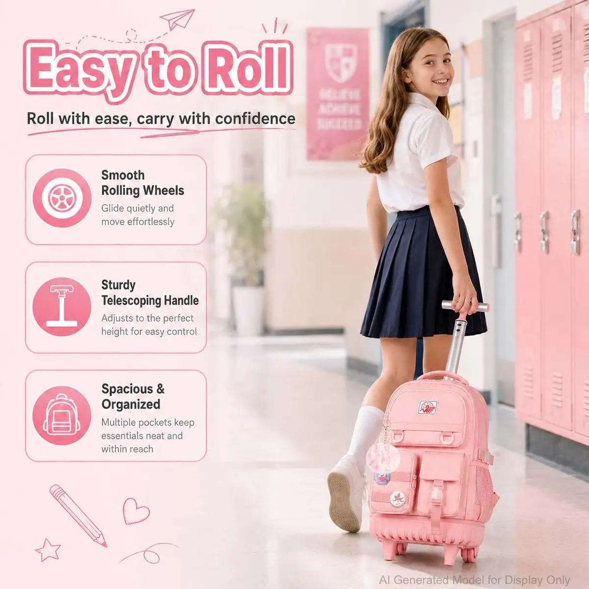 WZLVO Water Resistant Rolling Backpack for Girls & Women, 21 inch Pink | Durable & Spacious - view 2