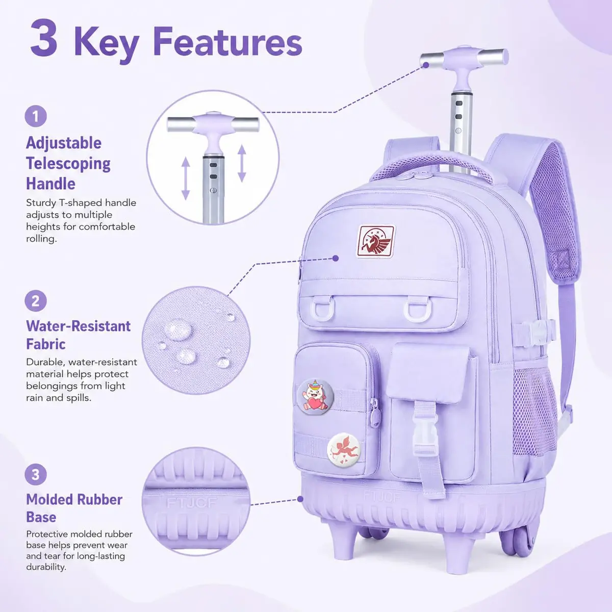 WZLVO Rolling Backpack with Wheels for Girls and Women, 19" High, Purple | Durable, Water-Resistant School Bag - view 5