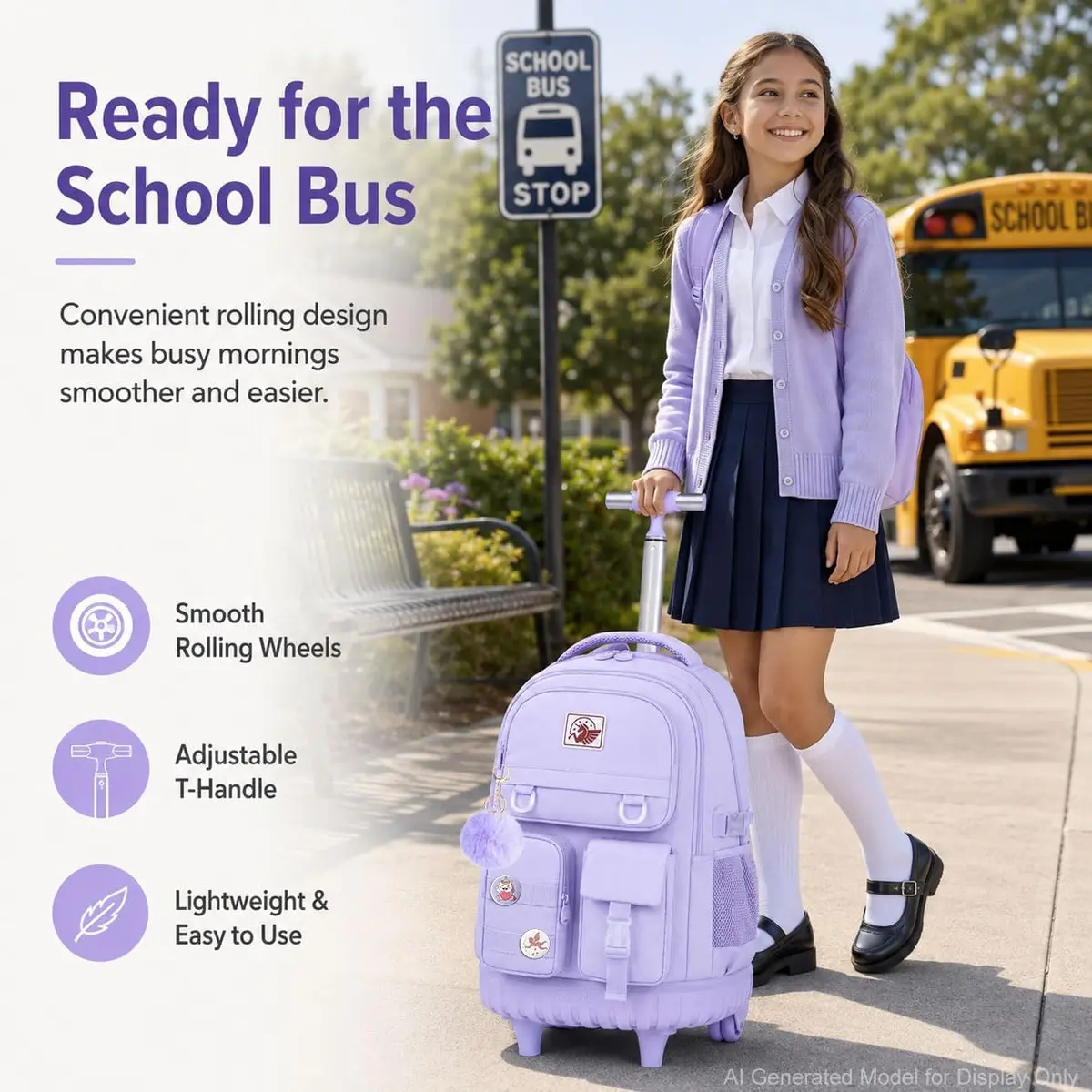 WZLVO Rolling Backpack with Wheels for Girls and Women, 19" High, Purple | Durable, Water-Resistant School Bag - view 6