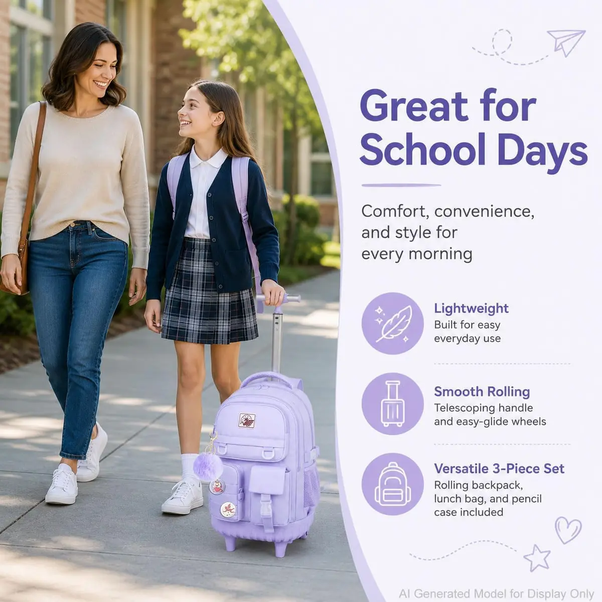 WZLVO Rolling Backpack with Wheels for Girls and Women, 19" High, Purple | Durable, Water-Resistant School Bag - view 7