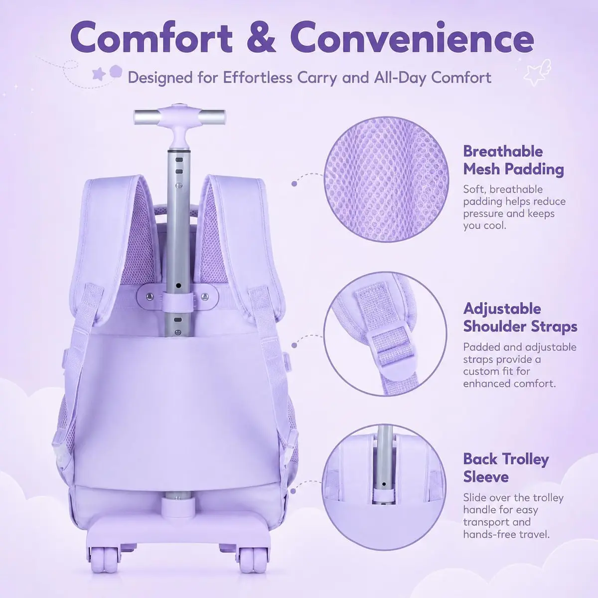 WZLVO Rolling Backpack with Wheels for Girls and Women, 19" High, Purple | Durable, Water-Resistant School Bag - view 8