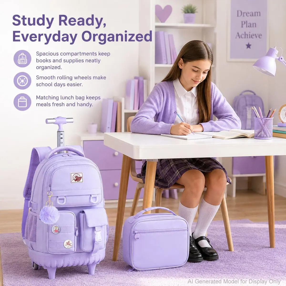 WZLVO Rolling Backpack with Wheels for Girls and Women, 19" High, Purple | Durable, Water-Resistant School Bag - view 9