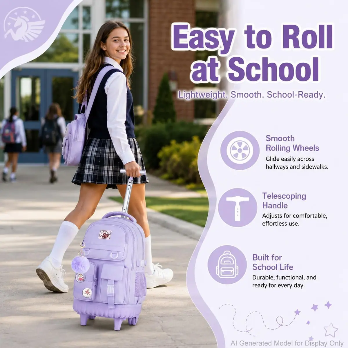 WZLVO Rolling Backpack with Wheels for Girls and Women, 19" High, Purple | Durable, Water-Resistant School Bag - view 2