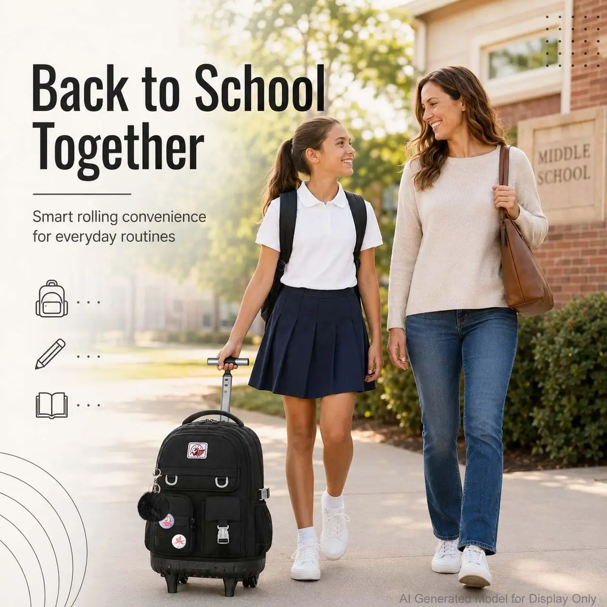 WZLVO 3PCS Rolling Backpack for Girls & Women | Durable Water-Resistant School & Travel Bag (19" High) - view 6