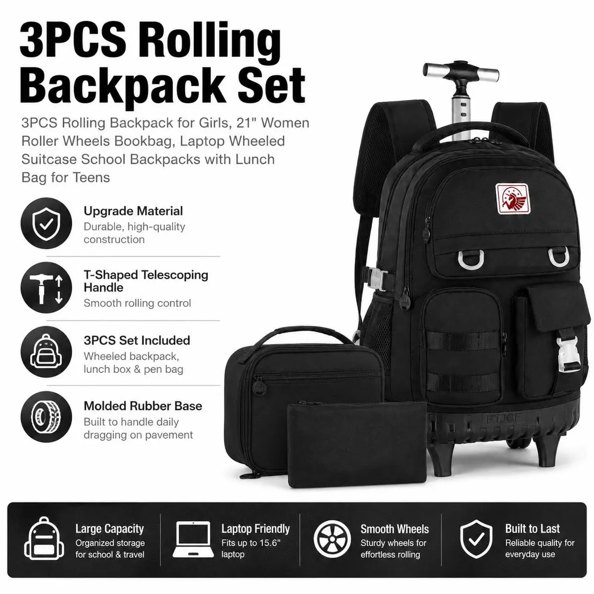 WZLVO 3PCS Rolling Backpack for Girls & Women | Durable Water-Resistant School & Travel Bag (19" High) - view 7