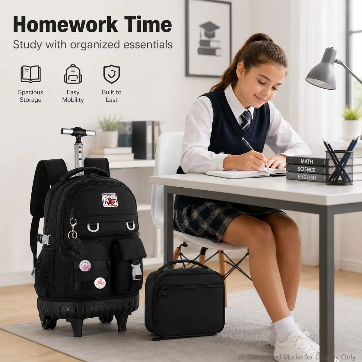 WZLVO 3PCS Rolling Backpack for Girls & Women | Durable Water-Resistant School & Travel Bag (19" High) - view 8