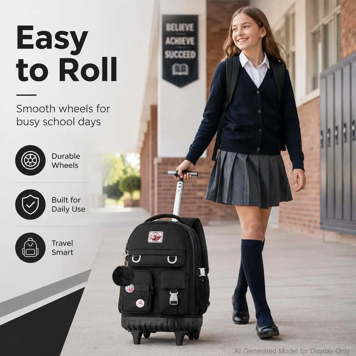 WZLVO 3PCS Rolling Backpack for Girls & Women | Durable Water-Resistant School & Travel Bag (19" High) - view 2