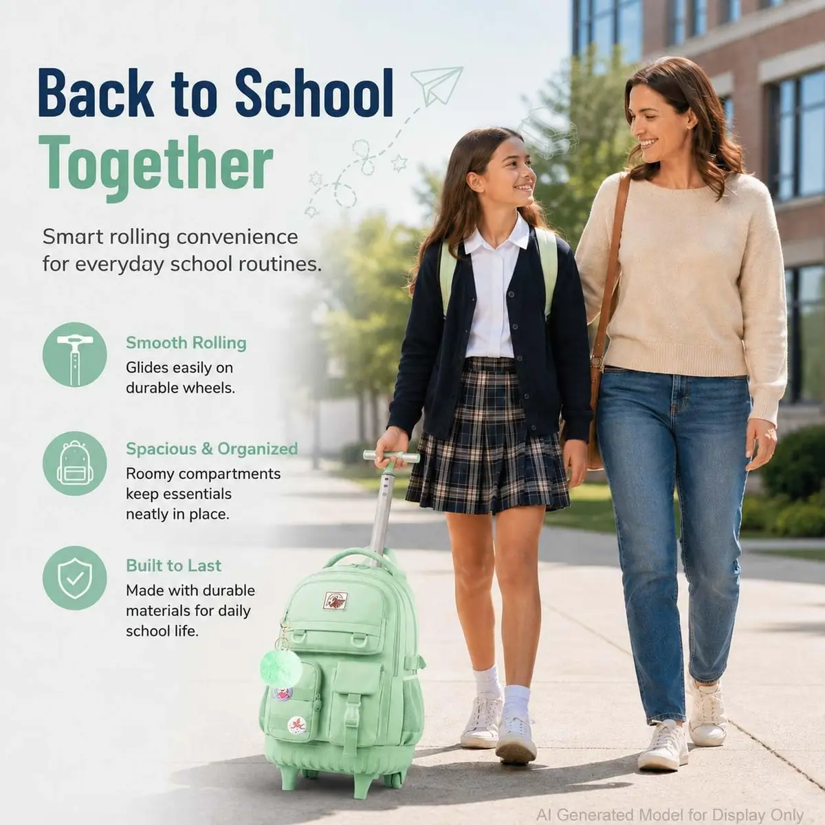 WZLVO Green Backpack with Wheels | Durable School & Travel Bag for Girls & Women - view 6