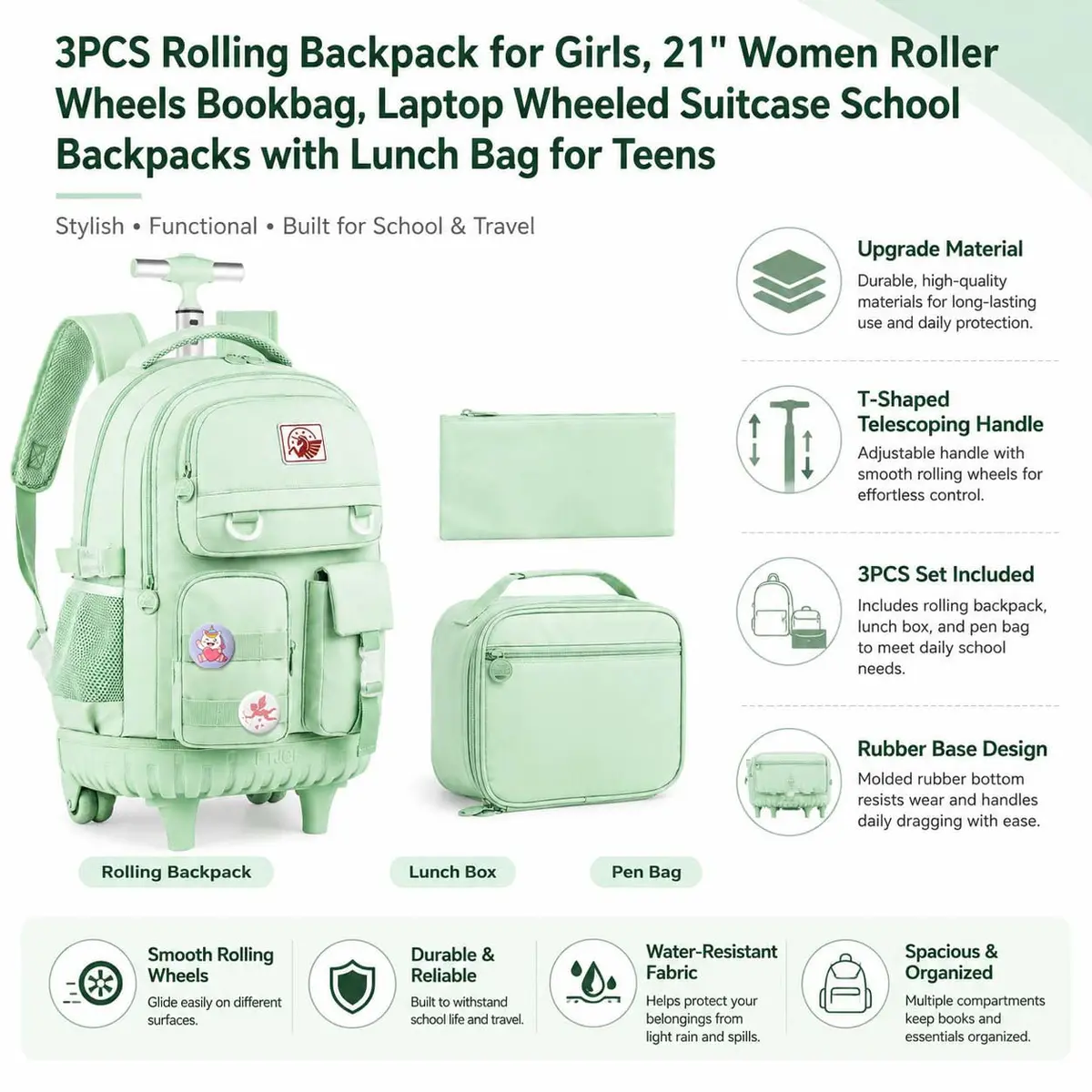 WZLVO Green Backpack with Wheels | Durable School & Travel Bag for Girls & Women - view 7