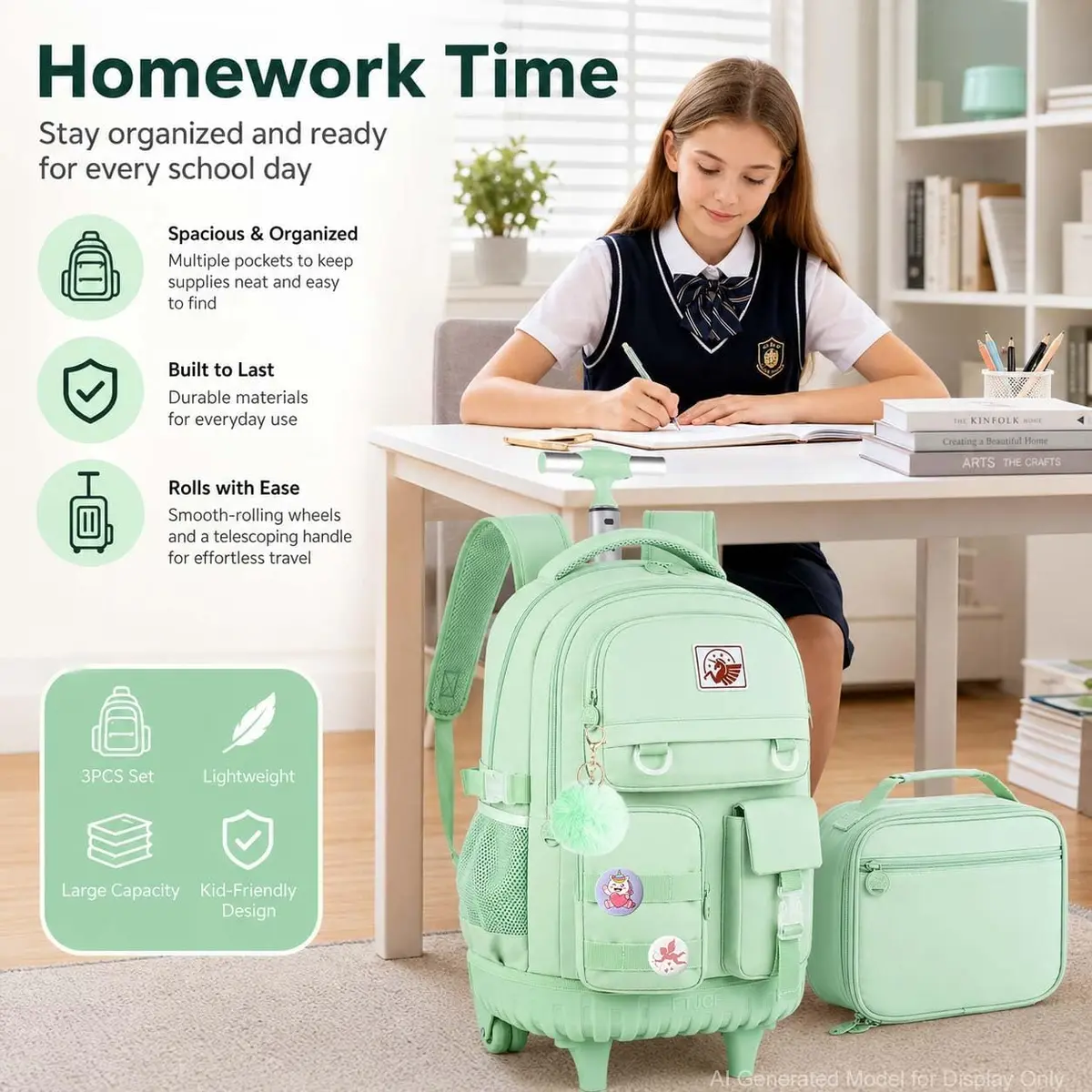 WZLVO Green Backpack with Wheels | Durable School & Travel Bag for Girls & Women - view 8