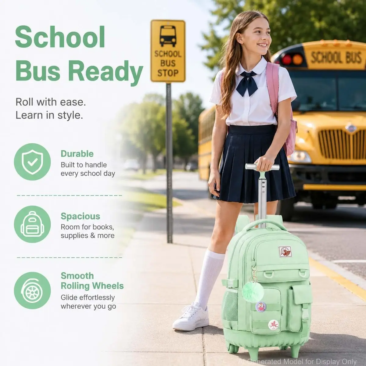 WZLVO Green Backpack with Wheels | Durable School & Travel Bag for Girls & Women - view 2