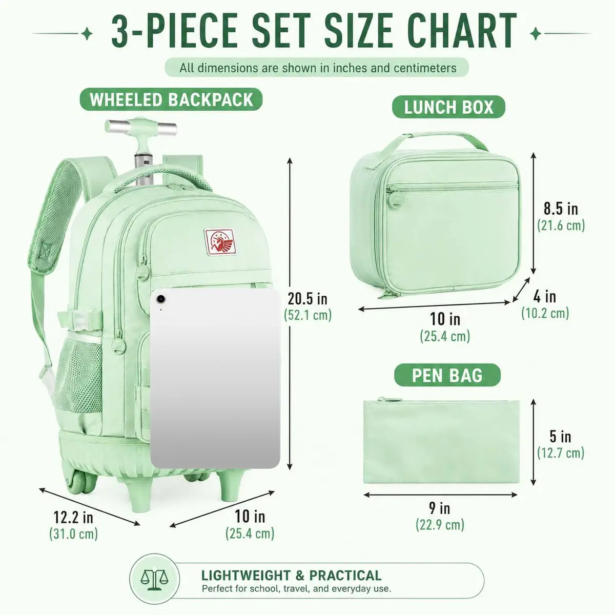WZLVO Green Backpack with Wheels | Durable School & Travel Bag for Girls & Women - view 4