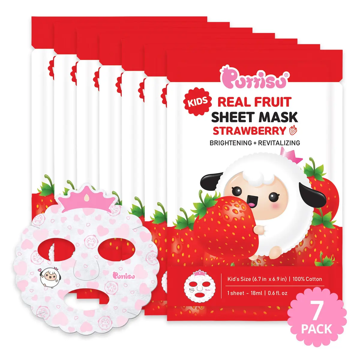 Puttisu Real Fruit Facial Sheet Masks for Kids, Strawberry, 7 Count | Moisturize & Hydrate Skin - main product image