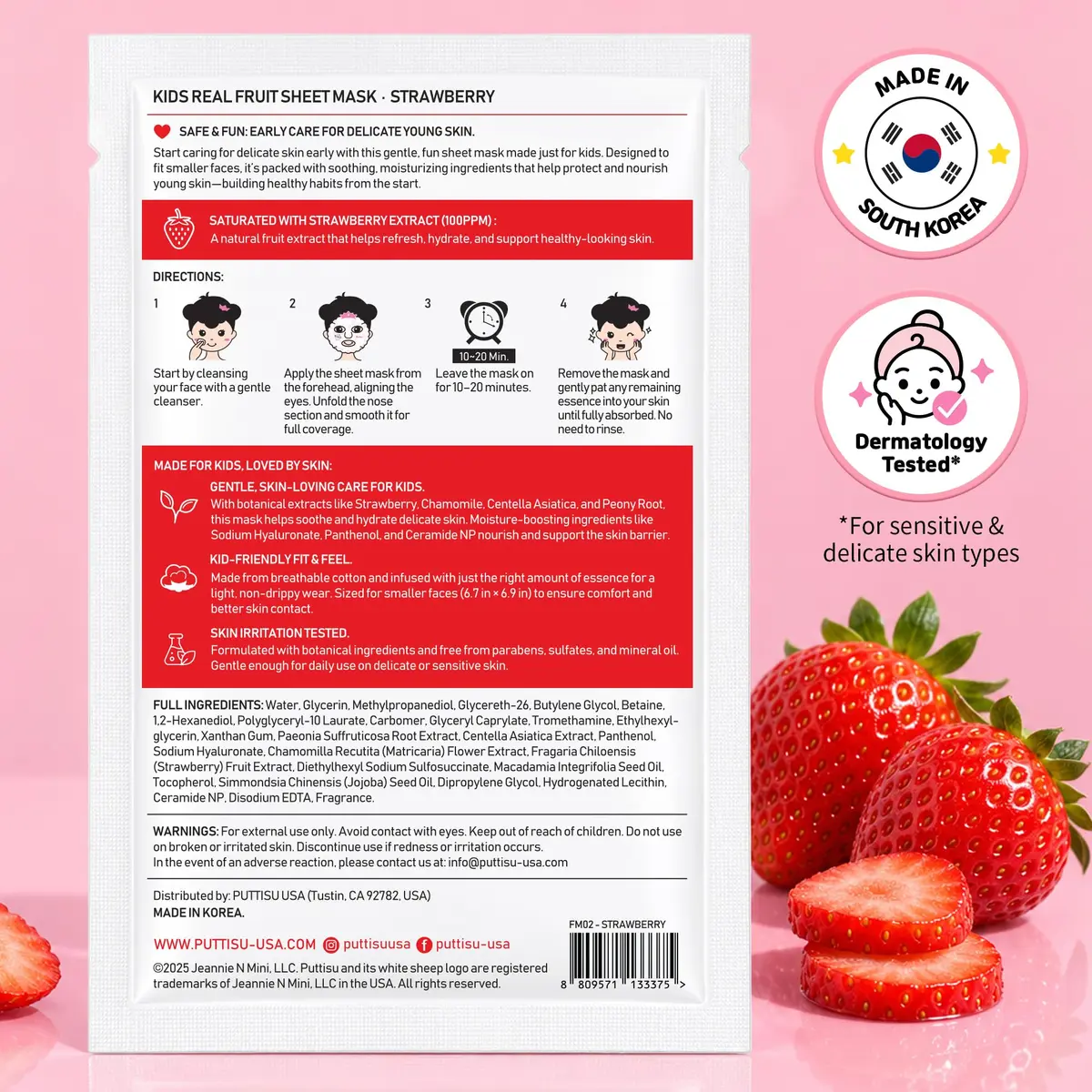 Puttisu Real Fruit Facial Sheet Masks for Kids, Strawberry, 7 Count | Moisturize & Hydrate Skin - view 2