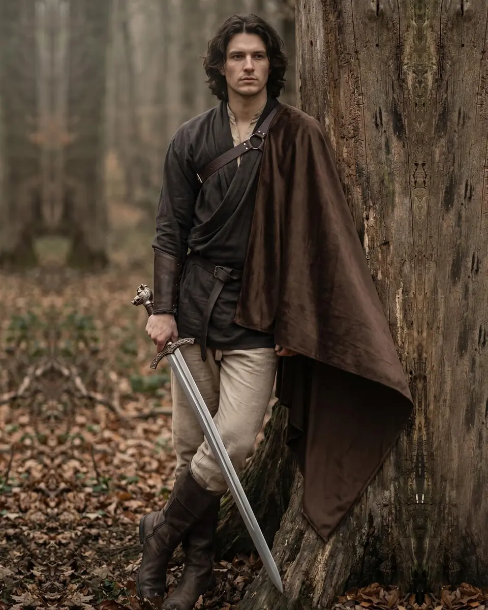 L'VOW Medieval Half Shoulder Cape Knight Cloak with Belt, Brown One Size | Authentic Vintage Design for Cosplay & Halloween - view 4