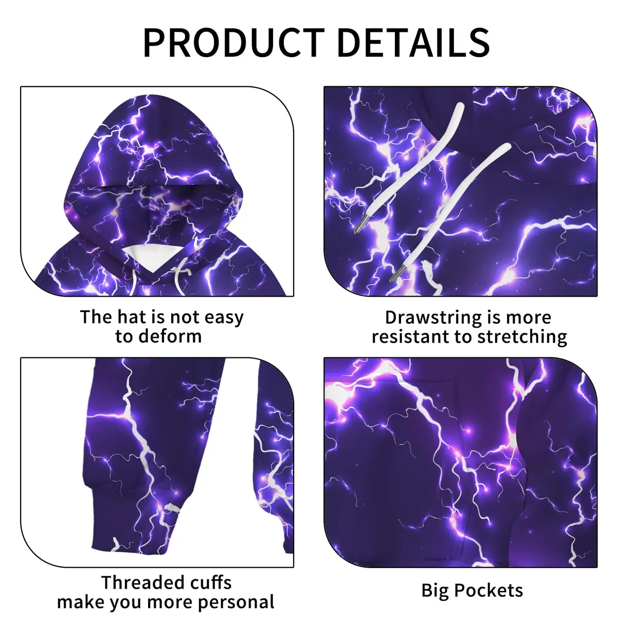 KAFFUL Unisex Adults Cool Purple Lightning Hoodie | Neon Purple & White Pullover with Pockets - view 5