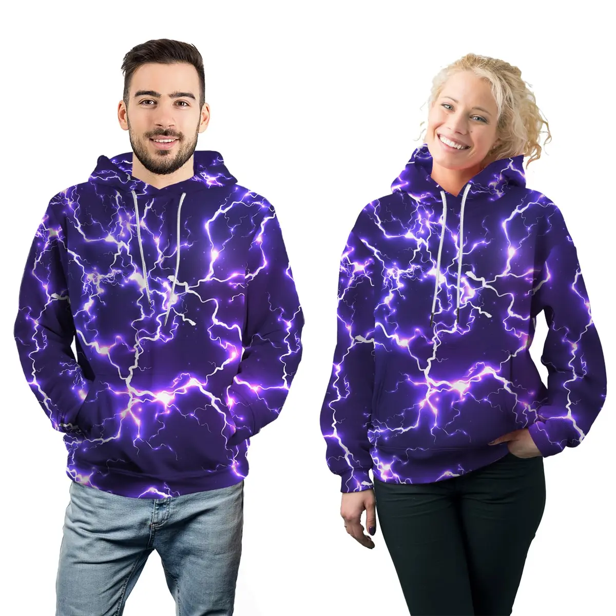KAFFUL Unisex Adults Cool Purple Lightning Hoodie | Neon Purple & White Pullover with Pockets - view 6