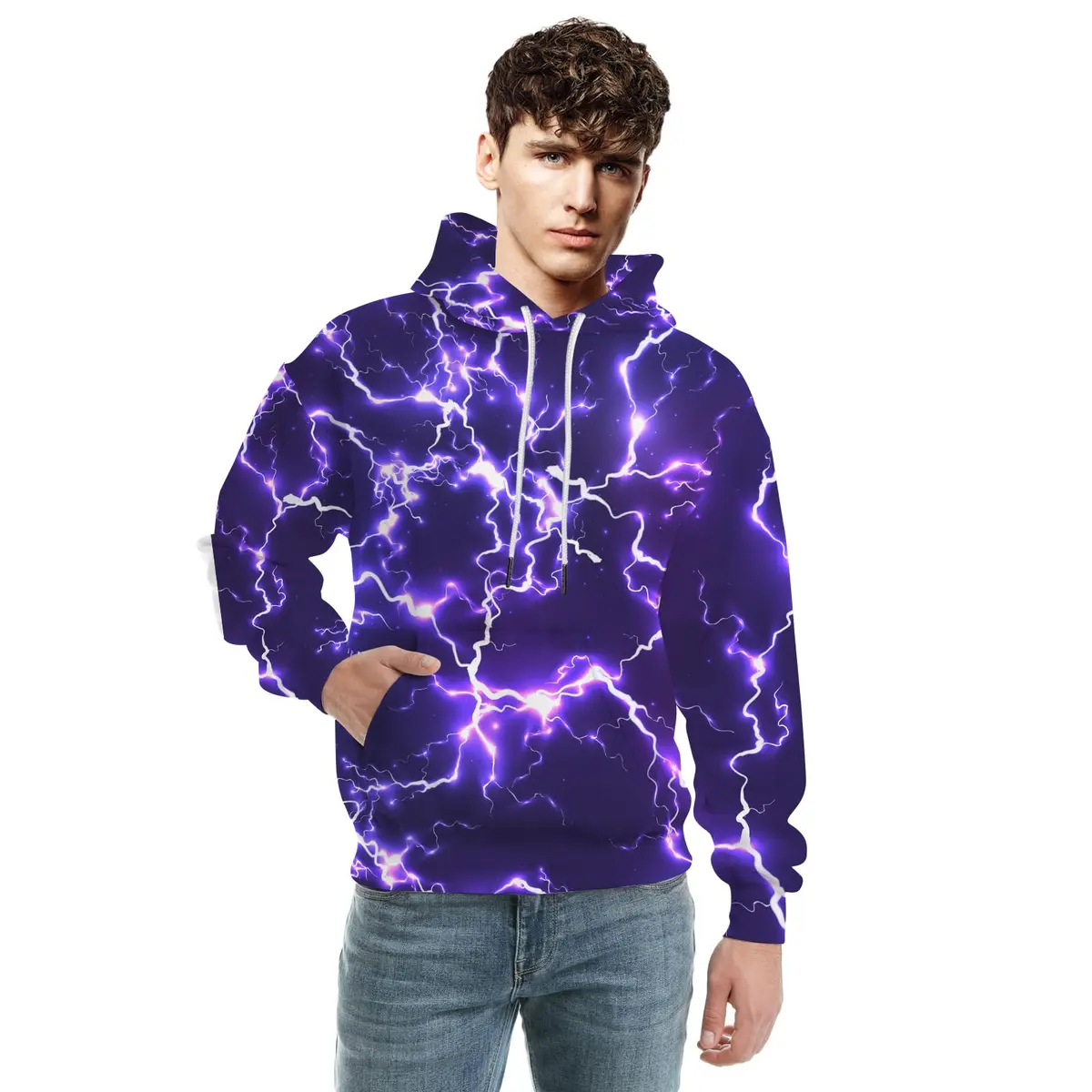 KAFFUL Unisex Adults Cool Purple Lightning Hoodie | Neon Purple & White Pullover with Pockets - view 2