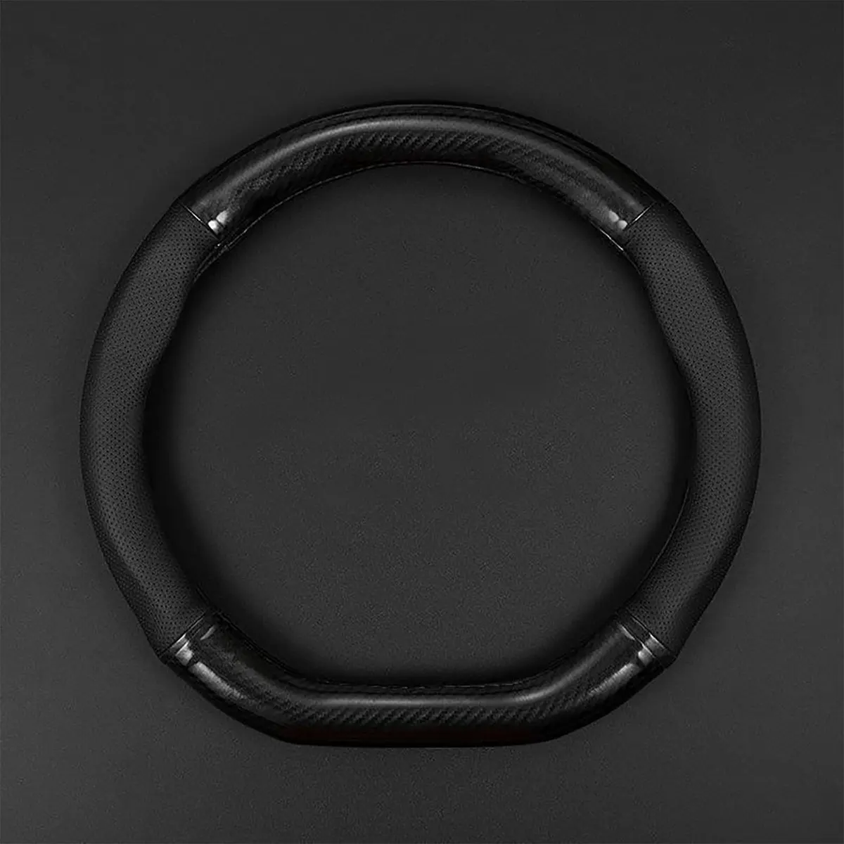 QODOLSI Black D-Shaped Carbon Fiber Leather Steering Wheel Cover | Universal Fit, Breathable, Non-Slip - main product image