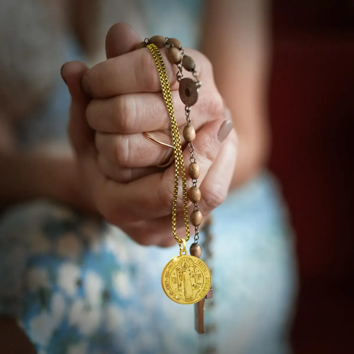 Anwlki St Benedict Necklace Gold Pendant | 60cm (23.62in) Chain | Faith Protection Symbol - view 6