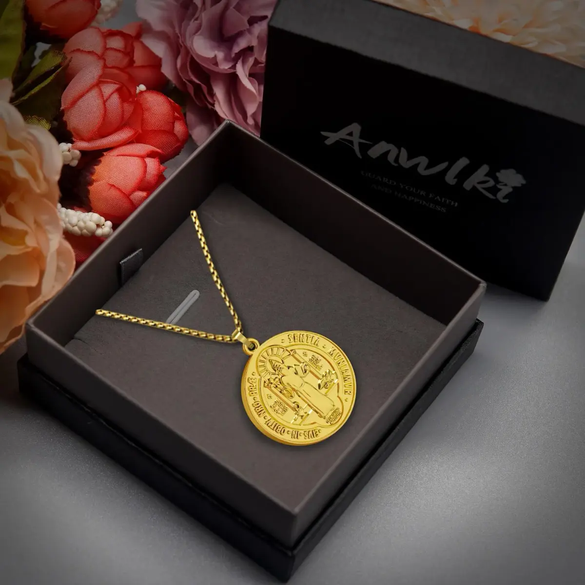 Anwlki St Benedict Necklace Gold Pendant | 60cm (23.62in) Chain | Faith Protection Symbol - view 2
